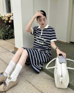 [국내배송]셀린느 [ C*LINE ] 수입 마린 지퍼넥 스트라이프 폴로 드레스